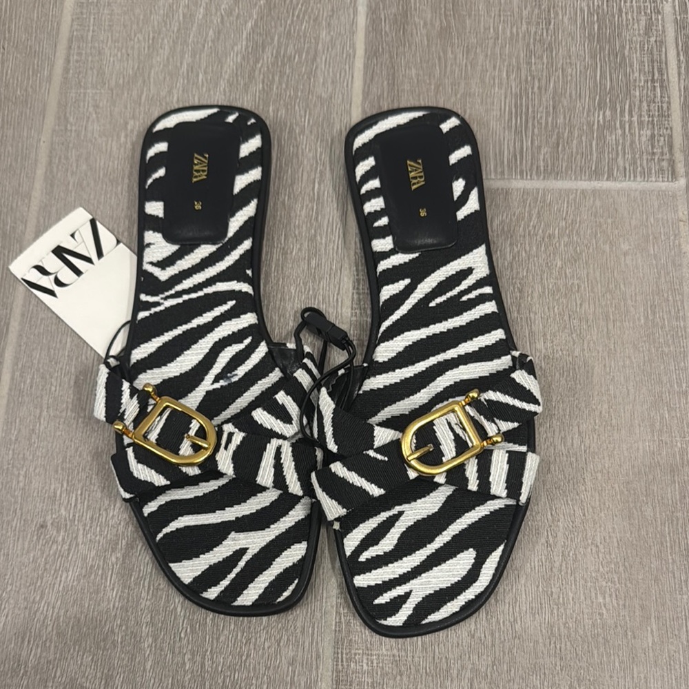 Zara Black and White Zebra Sandals with Gold Buckles